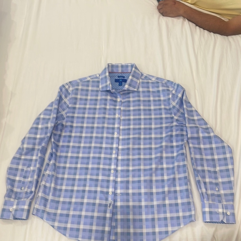 Lt. blue plaid Egara dress shirt.